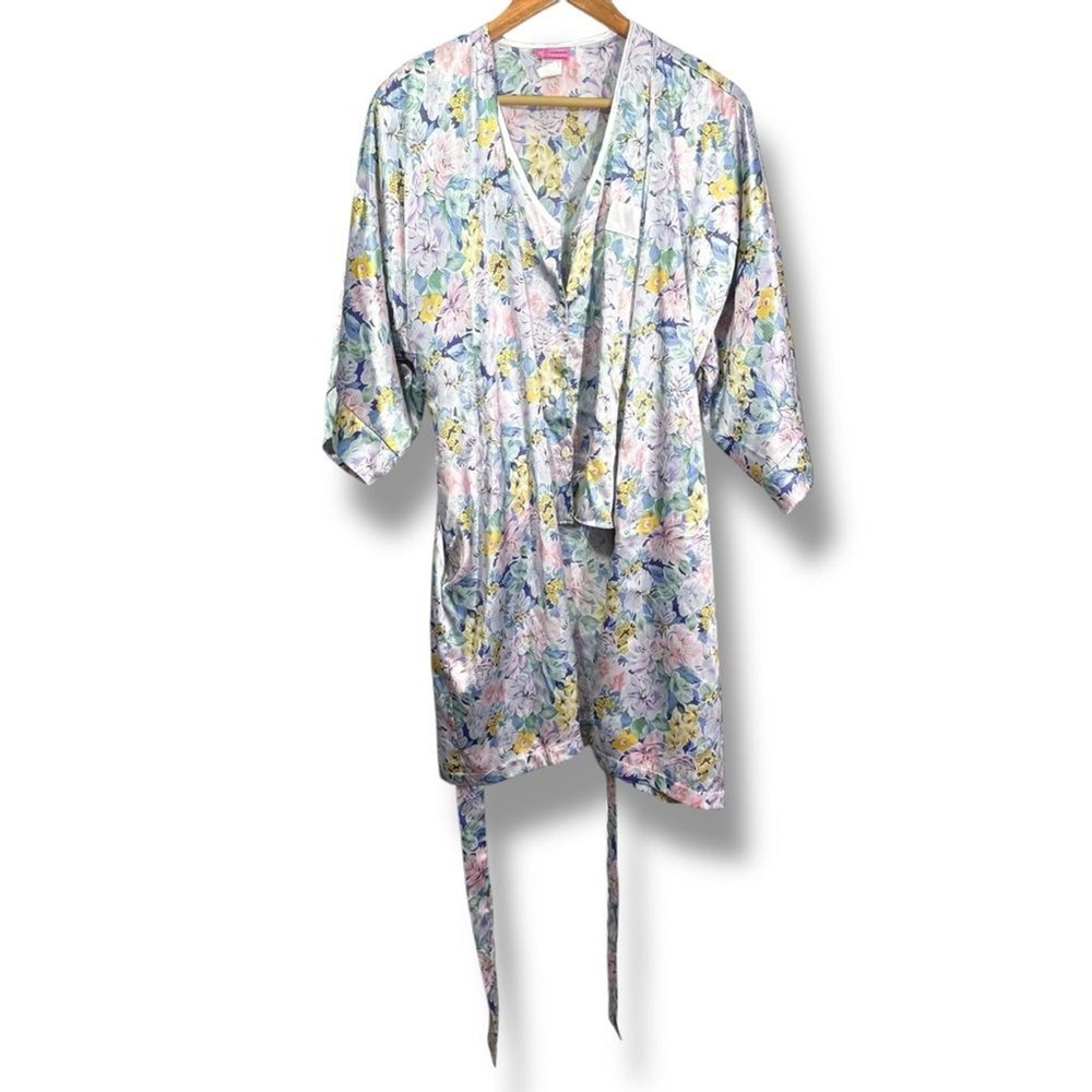 Vintage Elysian Fields Robe Top Set Floral Blue Polyester Satin Womens Large